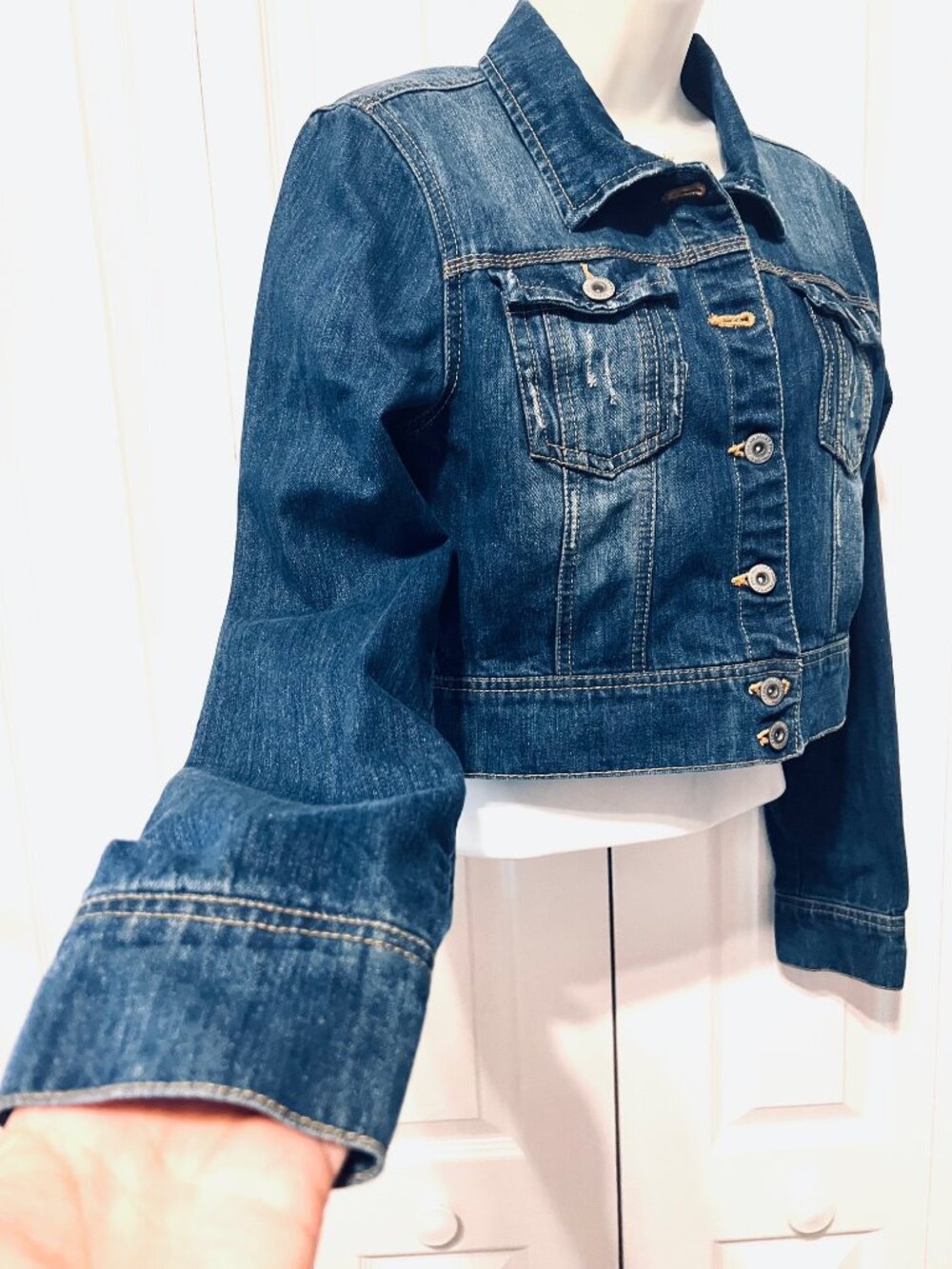 Highway Jeans-Jean Distressed Jacket-Large Jrs.-Blue-Stretch-School-Comfy-Button - Picture 2 of 14
